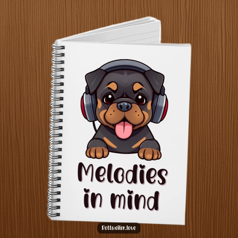 Funny notebook with a Rottweiler wearing oversized headphones, bopping its head, ideal for jotting down ideas with musical humor.