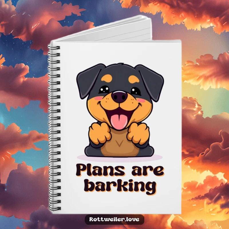 Funny Kawaii Rottweiler Notebook featuring an enthusiastic dog barking with front paws up, perfect for jotting down notes with cheerful energy.