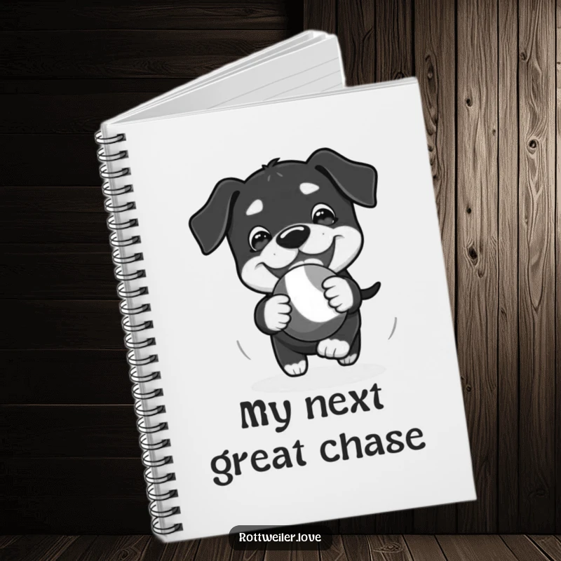 Funny Kawaii Rottweiler notebook featuring a playful chase of a bouncy toy with glee, ideal for notes.