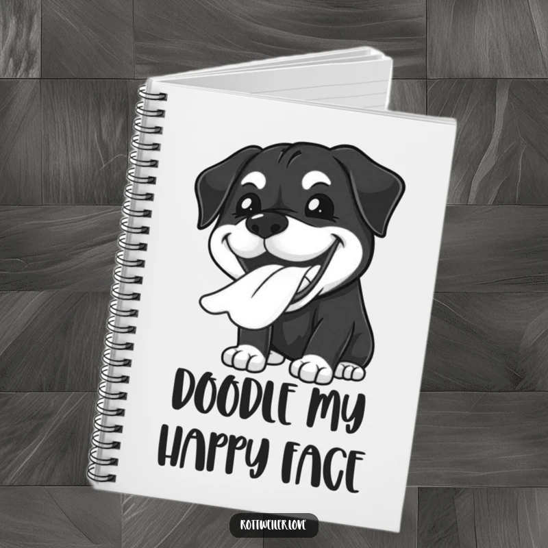 Funny Kawaii Rottweiler notebook featuring a big, joyful grin with tongue lolling out, ideal for notes.