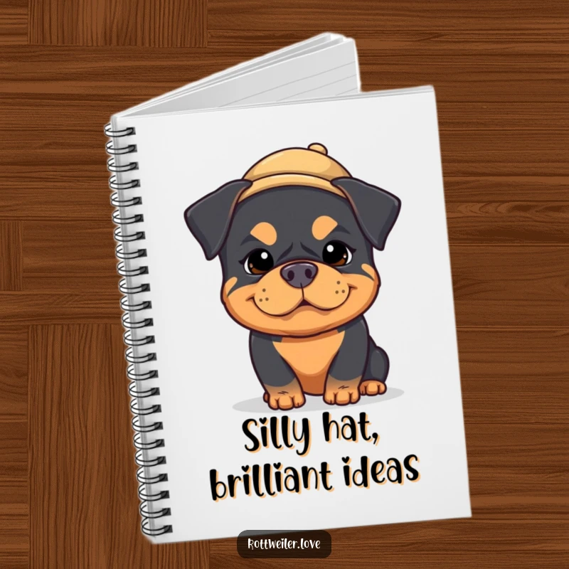 Funny kawaii rottweiler notebook with a silly expression and a tiny hat, perfect for jotting down funny thoughts and notes.