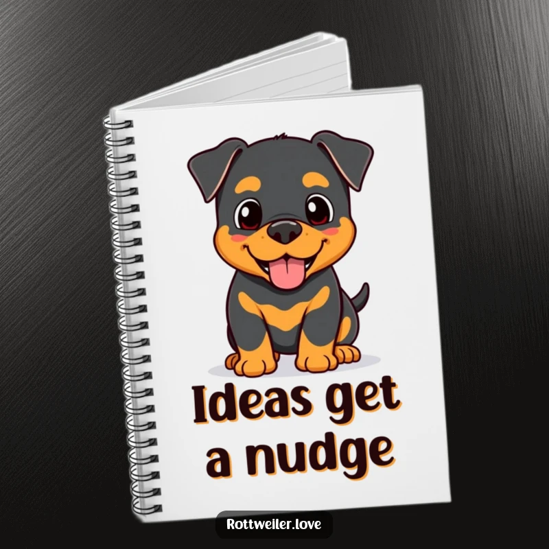 Funny Kawaii Rottweiler notebook with a happy dog offering a gentle head nudge, ideal for journaling thoughts and sweet memories.