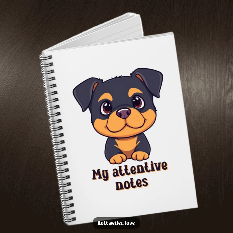 Cute rottweiler with ears perked, listening intently on a notebook cover, perfect for jotting down important details.