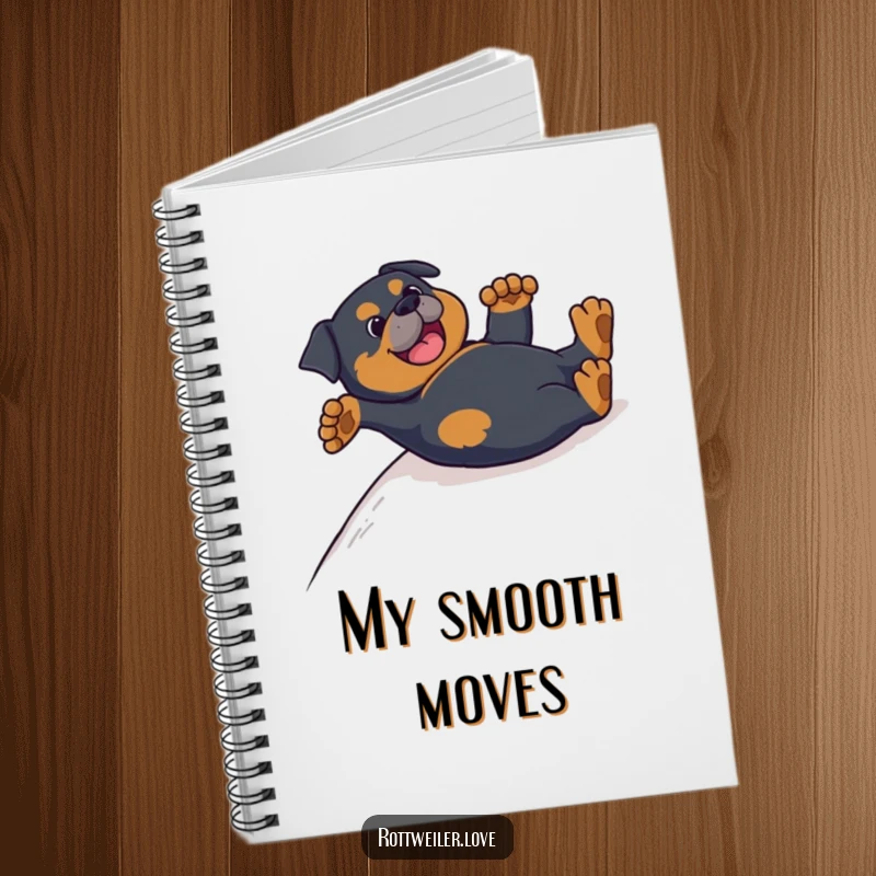 Funny Rottweiler notebook cover showing a dog sliding on its back, paws in the air, inspiring laughter and creativity.