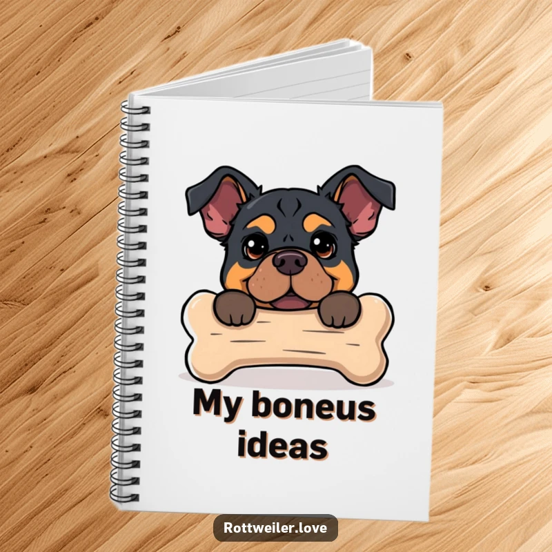 Funny notebook with a Rottweiler peeking from behind a dog bone, ideal for note-taking with a humorous and dog-themed design.