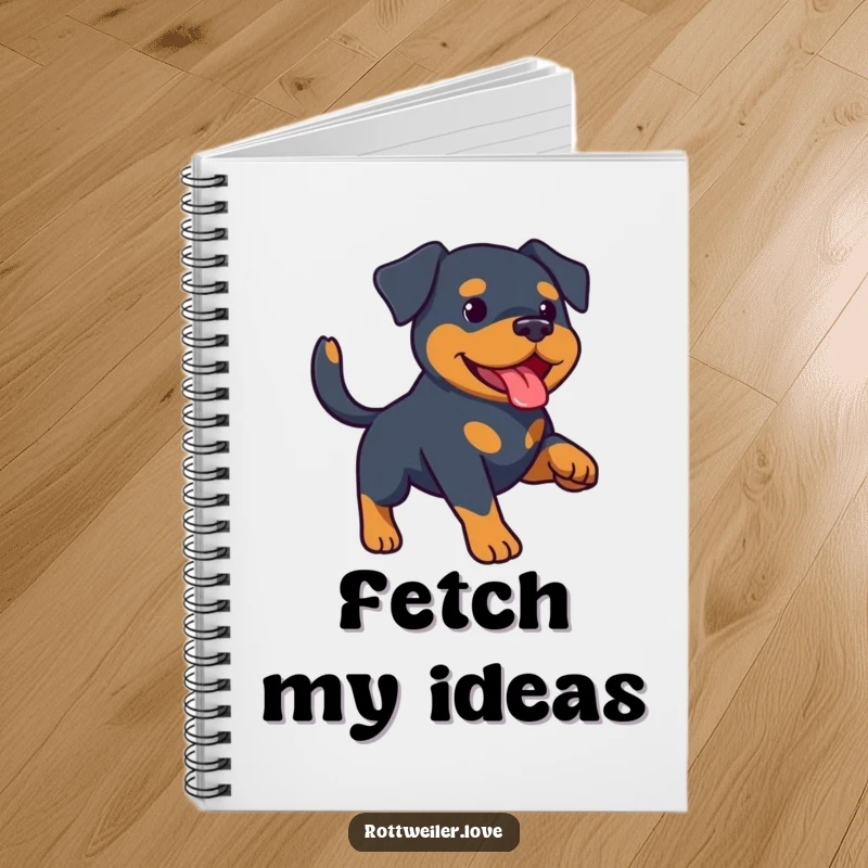 Funny Rottweiler notebook showing a happy Rottweiler with a toy, ready to fetch. Lined pages for notes and ideas.