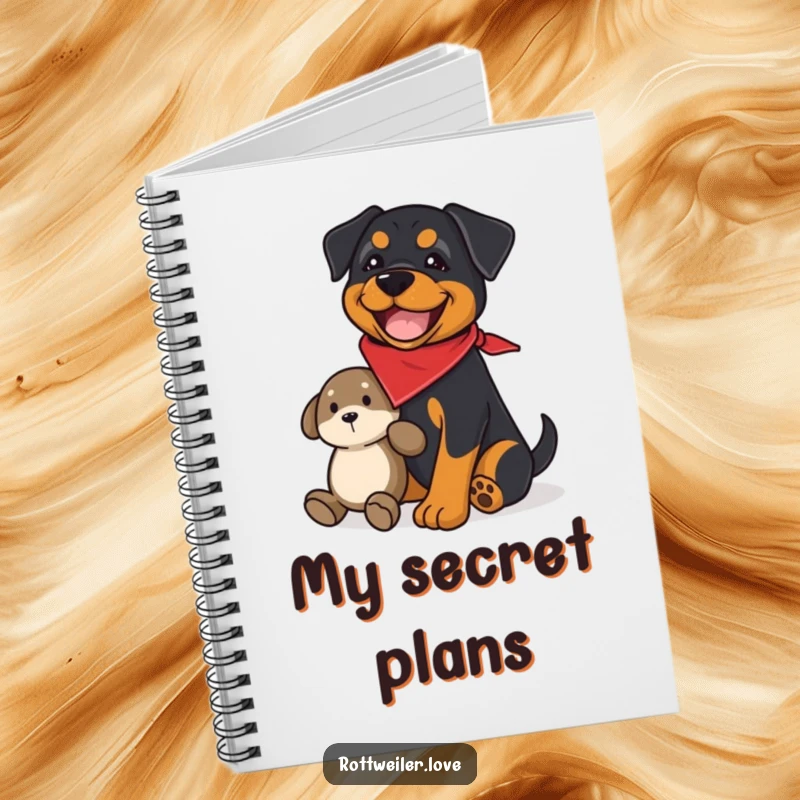 Funny rottweiler notebook featuring a joyful dog wearing a bandana, guarding a plush toy, perfect for humorous note-taking.