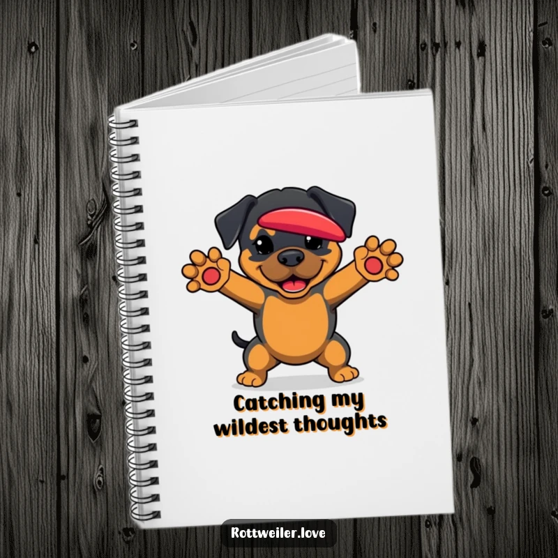 Funny Rottweiler Notebook featuring a dog with paws outstretched, ready to catch a frisbee, ideal for planning.