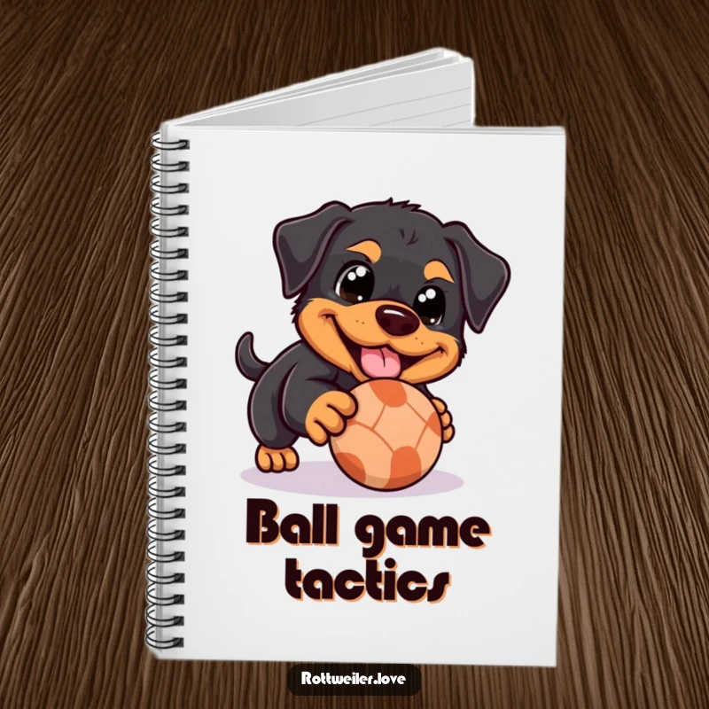 Funny Rottweiler notebook with a dog with happy eyes playfully nudging a rolling ball, perfect for jotting notes with a dose of canine charm.