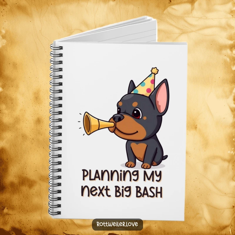 Funny Rottweiler notebook with a dog in a party hat blowing a tiny horn, perfect for capturing notes with a dose of celebration and humor.