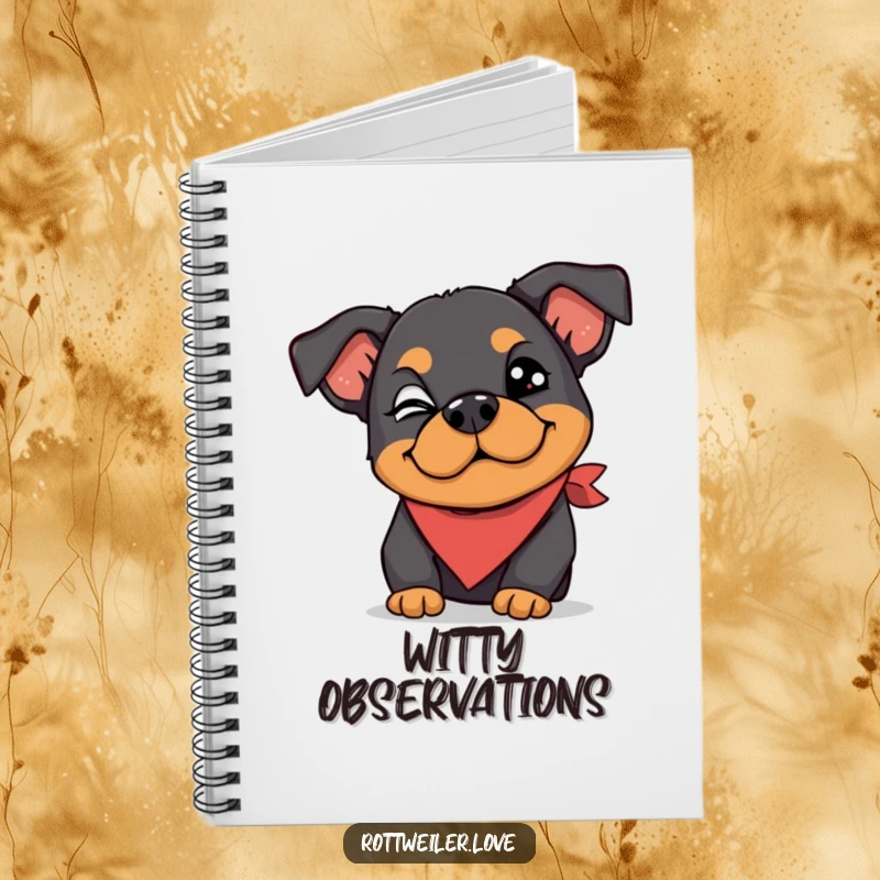 Funny Rottweiler notebook with a dog wearing a silly bandana and giving a playful wink, perfect for jotting notes with a dose of canine charm.