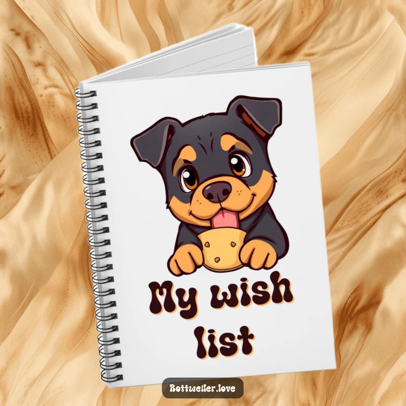 Funny rottweiler notebook featuring a curious dog with bright eyes looking at a treat, perfect for humorous note-taking.