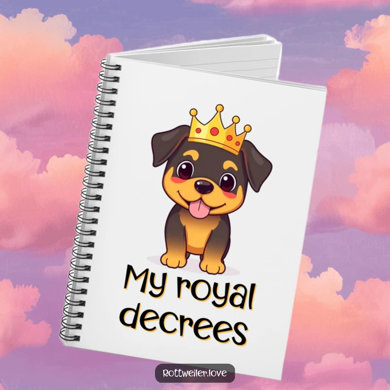 Funny royal rottweiler notebook featuring a proud dog with a tiny crown, perfect for journaling and planning with regal flair.