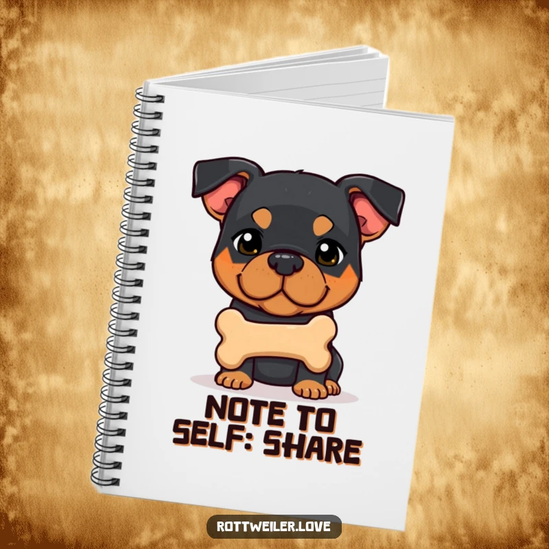 Funny shy Rottweiler dog offers a bone, illustrating sweet canine humor in this notebook.