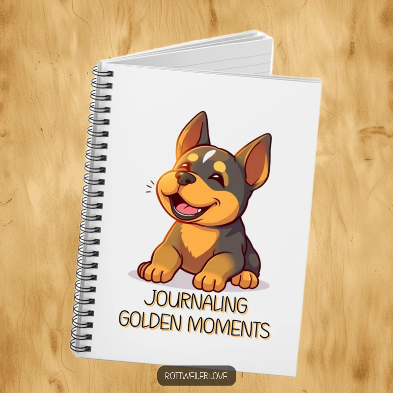 Funny Rottweiler notebook featuring a happy dog sighing contentedly while basking in warm sunlight, perfect for jotting down notes with serene humor.