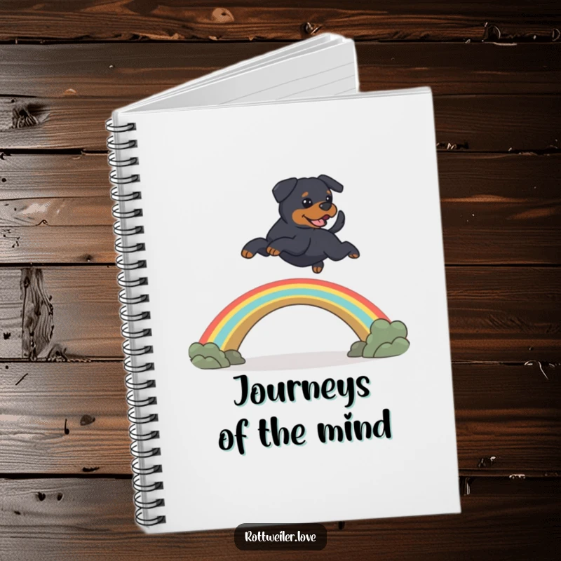 Funny Rottweiler dog leaping over a rainbow bridge, illustrating heartwarming pet memorial humor in this notebook.