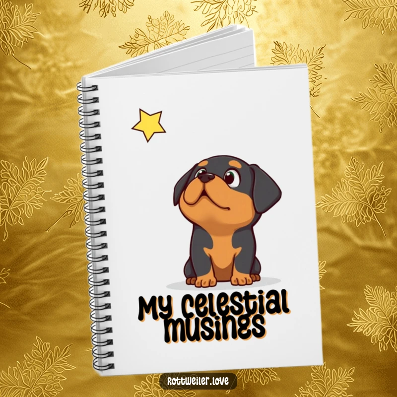 Funny surprised Rottweiler dog looking up at a falling star on the cover of a lined notebook.