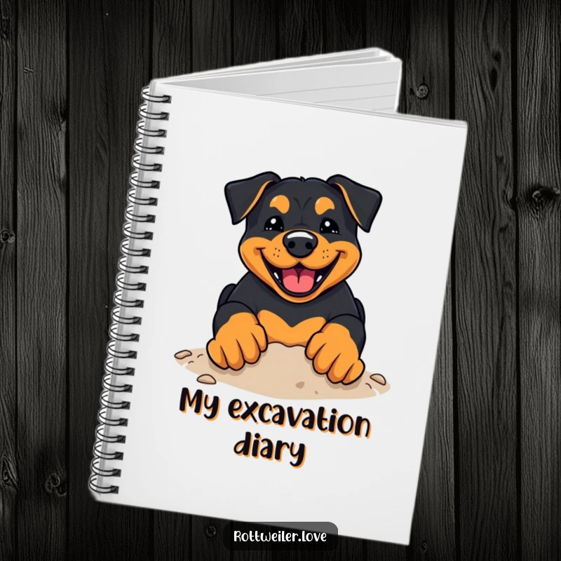 Funny Rottweiler Notebook cover showcasing a kawaii rottweiler with a wide, happy grin digging enthusiastically with its paws.