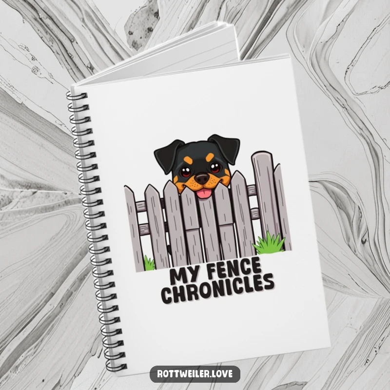 Funny Rottweiler Notebook: A Rottweiler with a cheeky grin peeks from behind a fence, guarding your notes.