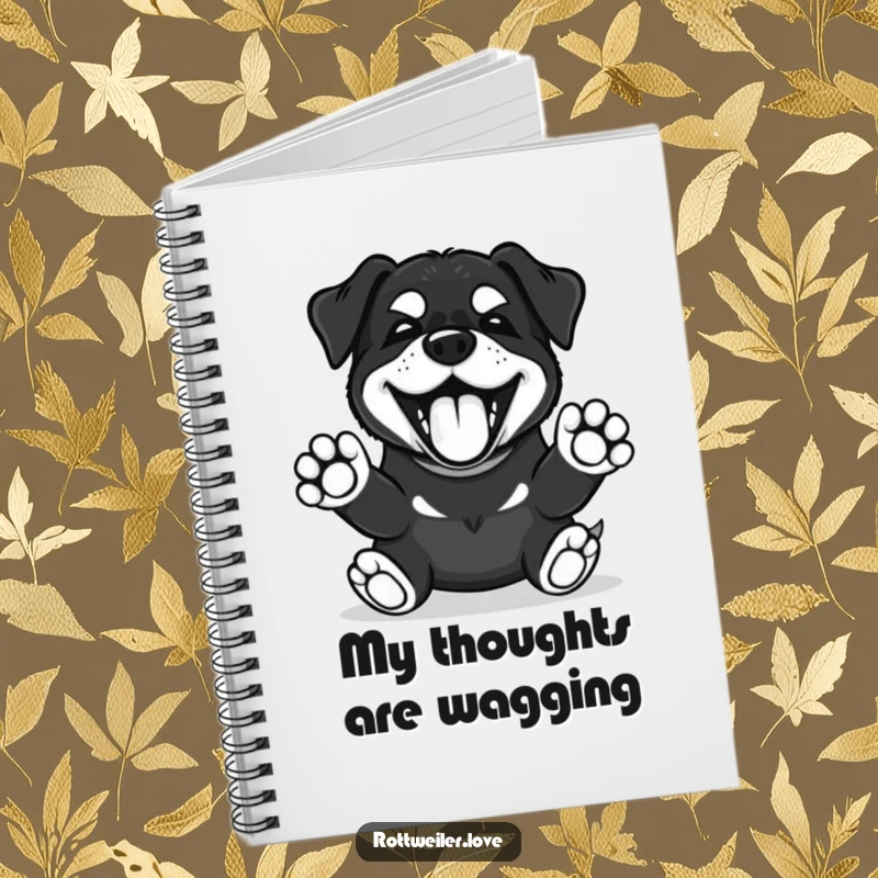Funny Kawaii Rottweiler notebook featuring a happy bark and front paws up, perfect for jotting down notes.