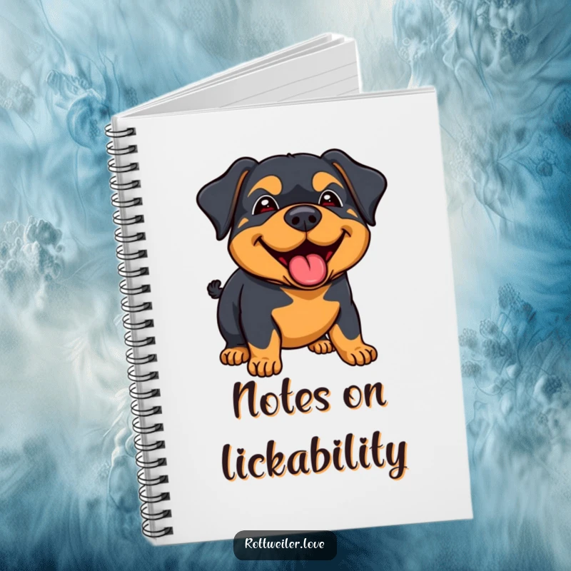 Funny rottweiler notebook with a joyous lick and a happy expression, perfect for jotting down notes and happy thoughts.