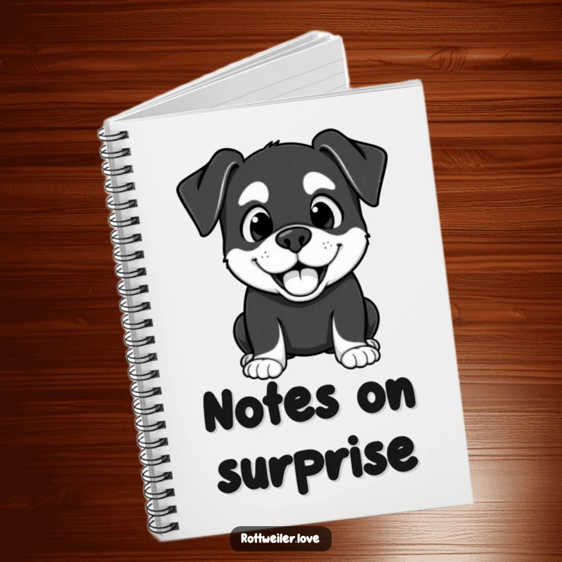 Funny Kawaii Rottweiler notebook featuring a surprised but happy expression, ideal for jotting notes.