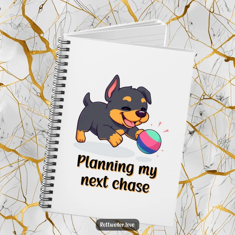Funny Kawaii Rottweiler notebook adorned with a playful dog chasing a toy, inspiring happy thoughts and creative note-taking.