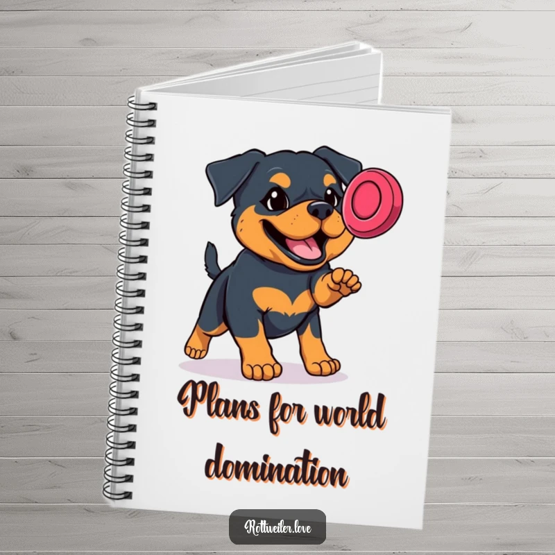 Funny Rottweiler notebook with a dynamic dog leaping for a frisbee, inspiring creativity and canine-themed fun.