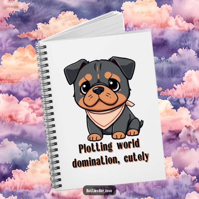Funny Kawaii Rottweiler notebook featuring a cute dog wearing a small, stylish bandana, perfect for jotting down notes and ideas.