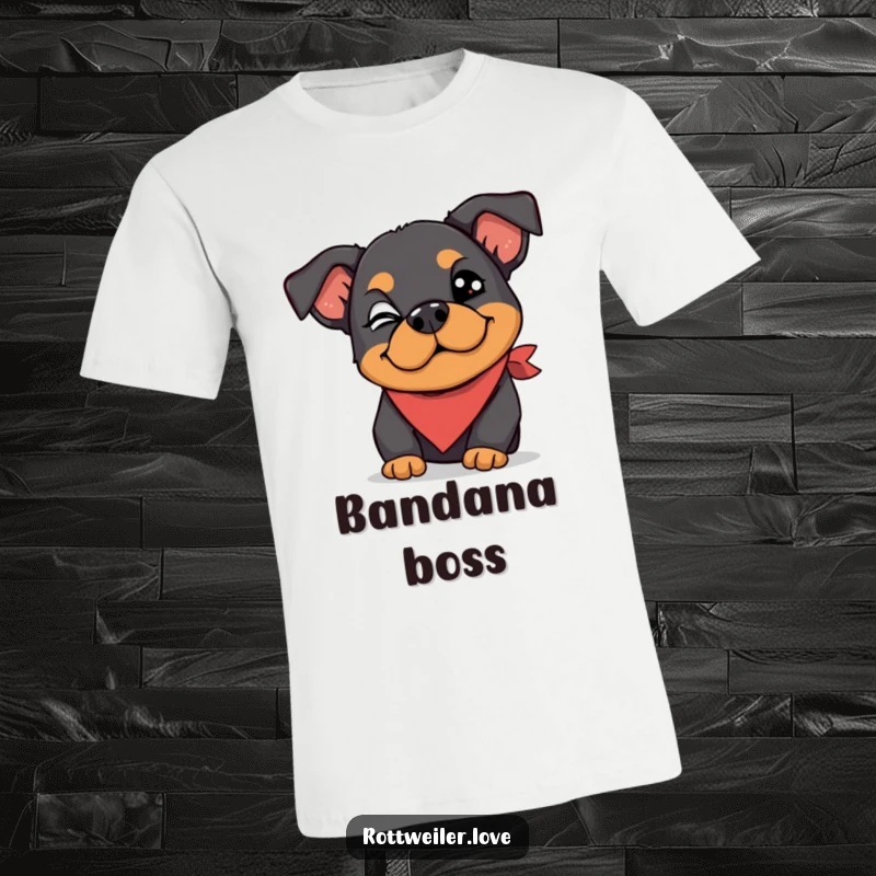 Funny Rottweiler t-shirt featuring a dog wearing a silly bandana and giving a playful wink, perfect for expressing a cheeky and fun personality.