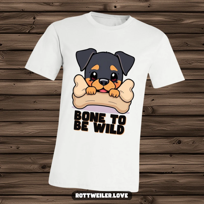 Funny Rottweiler T-Shirt depicting a dog peeking from behind a sturdy bone, sharing a playful and humorous moment.