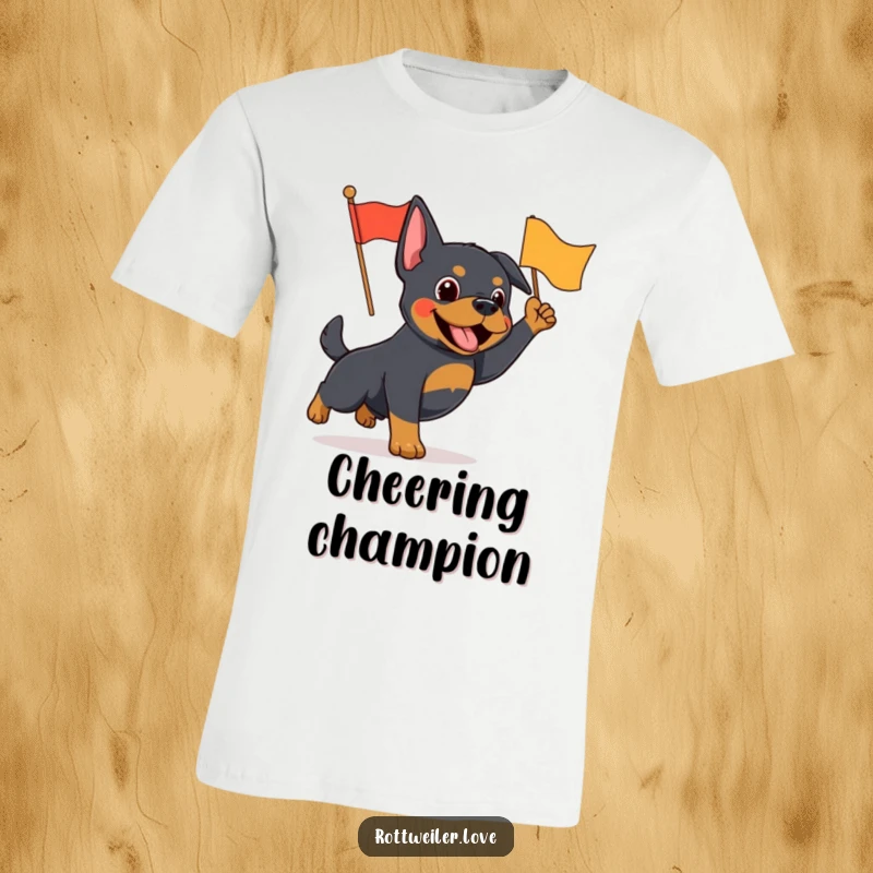 Funny Rottweiler t-shirt with a dog energetically waving a vibrant, small flag, embodying pure excitement and celebration.
