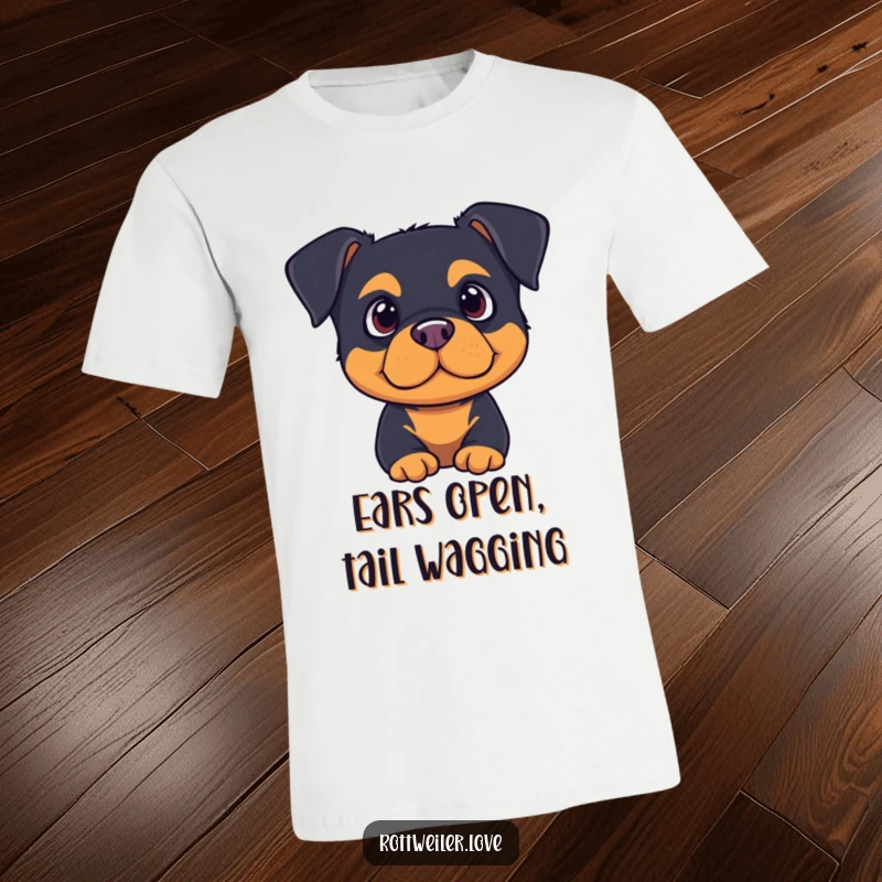 Cute rottweiler with ears perked, listening intently on this comfortable and humorous t-shirt.