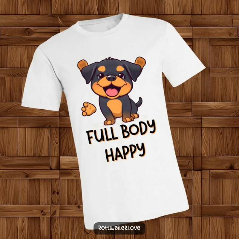 Funny Kawaii Rottweiler t-shirt featuring an enthusiastic full body wag, symbolizing pure dog happiness.