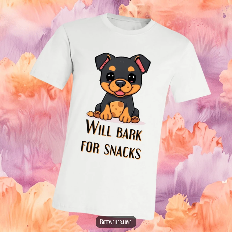 Funny Kawaii Rottweiler t-shirt with a cute dog offering a treat expectantly, ideal for lovers of adorable designs.