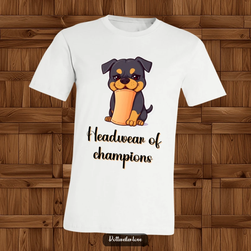 Funny Rottweiler T-Shirt: A Rottweiler with a goofy expression tries to balance a bright orange cone.
