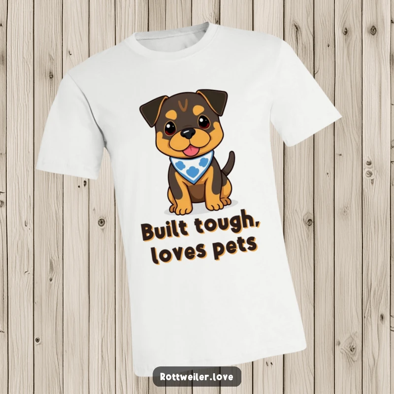 Funny Rottweiler t-shirt with a dog wearing a bandana and wagging its tail, perfect for humor and dog enthusiasts.