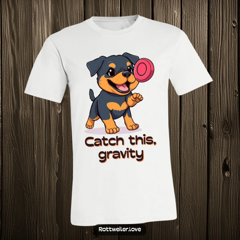 Funny Rottweiler t-shirt depicting a focused dog soaring to catch a frisbee, embodying athletic prowess and pure joy.