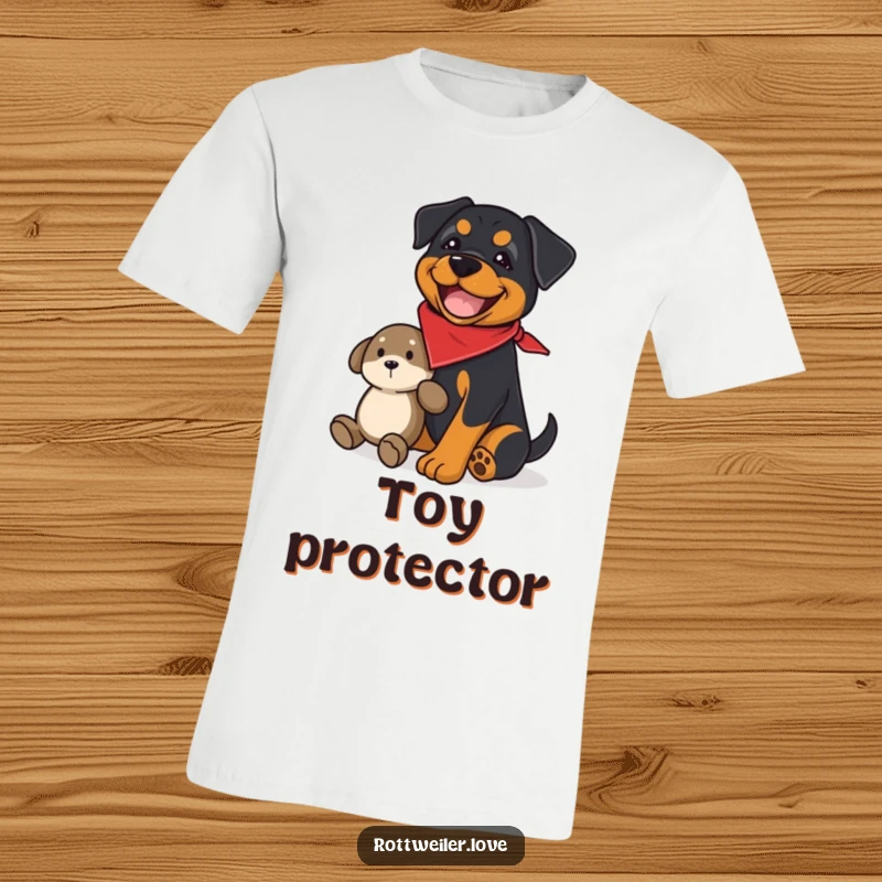 Funny rottweiler t-shirt with a joyful dog wearing a bandana, guarding a plush toy, a humorous and protective graphic.