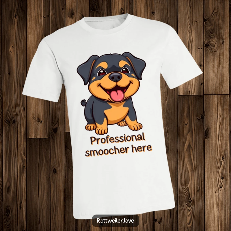 Funny rottweiler t-shirt showcasing a dog giving a big, happy lick with a clearly joyous and friendly demeanor.