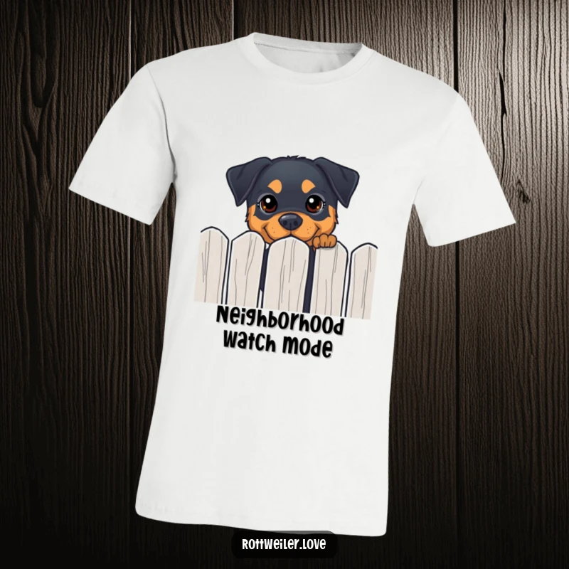 Funny Rottweiler t-shirt with a dog peeking over a fence with curious, happy eyes, perfect for playful humor.