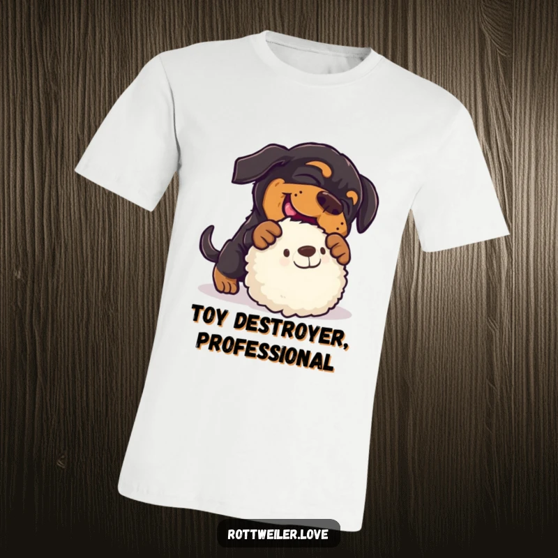 Funny rottweiler t-shirt capturing a dog executing a hilarious pounce onto a stuffed toy, showcasing pure playful intent.