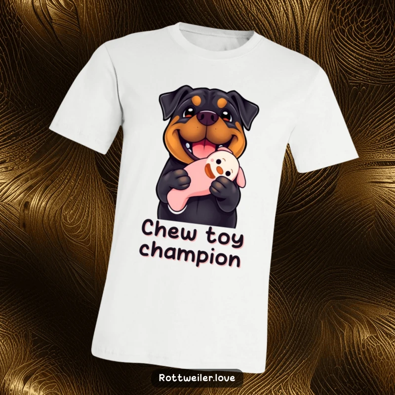 Funny Rottweiler t-shirt featuring a dog with a massive smile holding a floppy squeaky toy, perfect for expressing joy and dog lover pride.