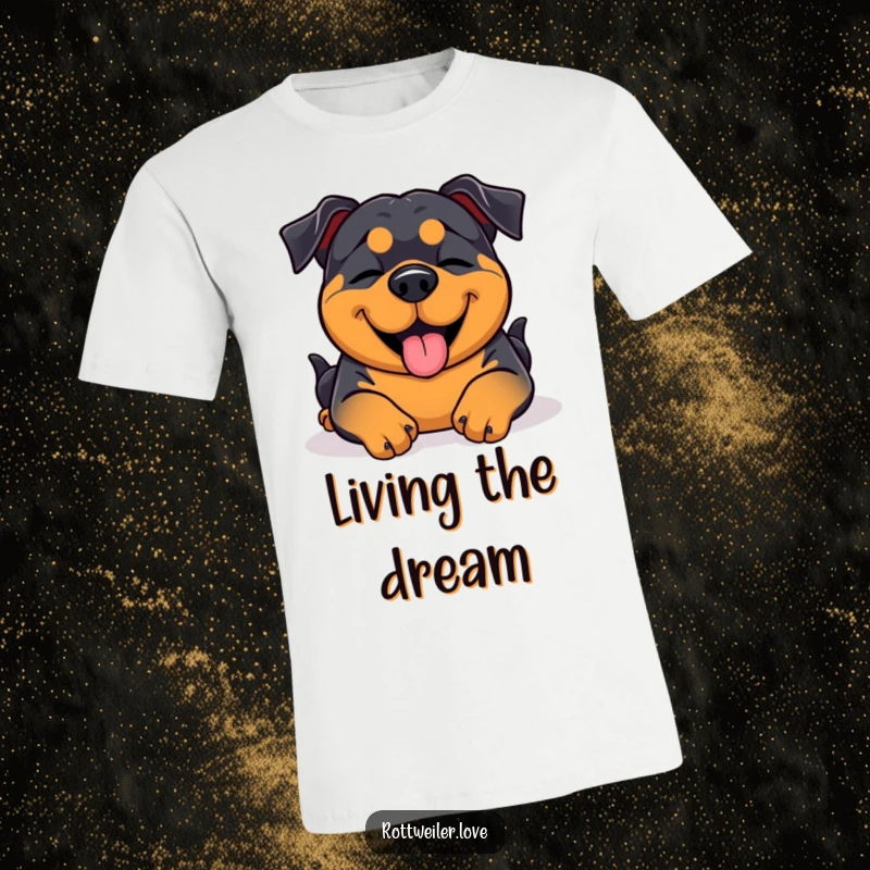 Funny Rottweiler dog with eyes shut in pure delight, receiving a belly rub, printed on a soft t-shirt.