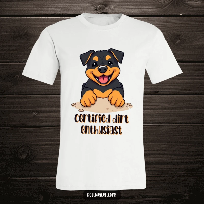 Funny Rottweiler T-Shirt showcasing a kawaii rottweiler with a wide, happy grin joyfully digging with energetic paws.