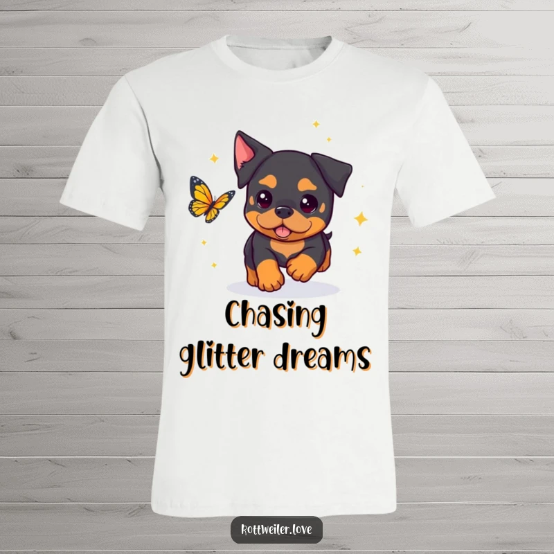 Funny Rottweiler T-Shirt showcasing a kawaii rottweiler glittering with sparkles while enthusiastically chasing a delicate butterfly.
