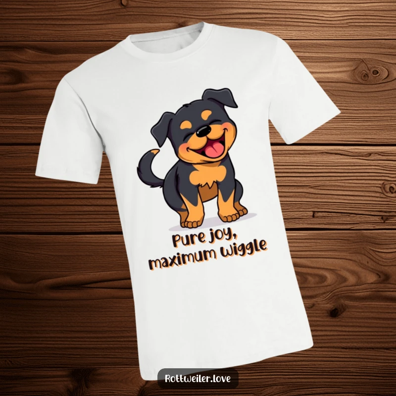 Funny Rottweiler Wiggle T-Shirt: A Rottweiler is depicted wiggling its body joyfully, with its tail wagging intensely, conveying pure happiness.