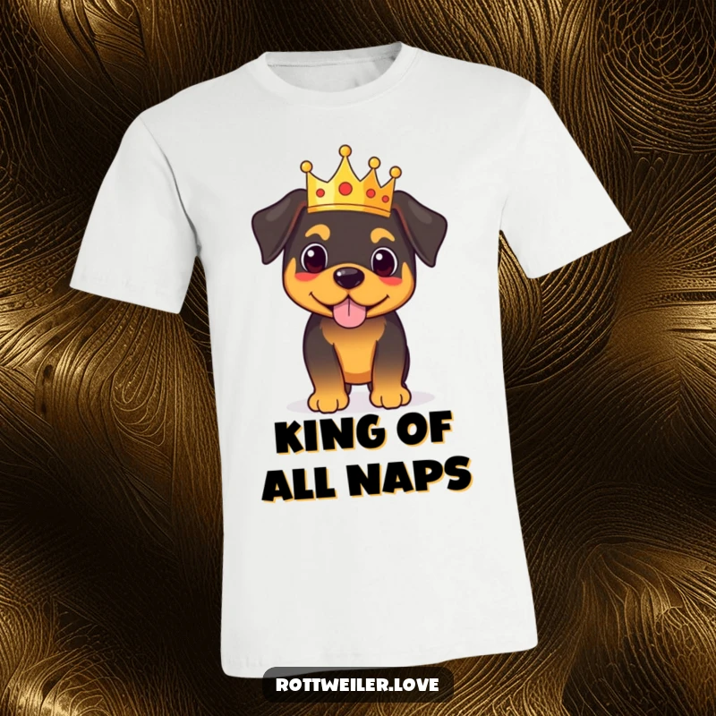 Funny royal rottweiler t-shirt showing a proud dog wearing a tiny crown, embodying a majestic and commanding presence.