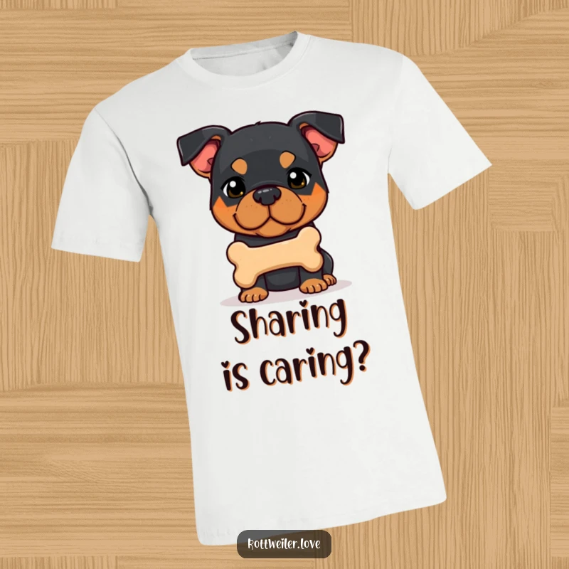 Funny and shy Rottweiler dog offers a juicy bone, embodying sweet canine humor on this t-shirt.