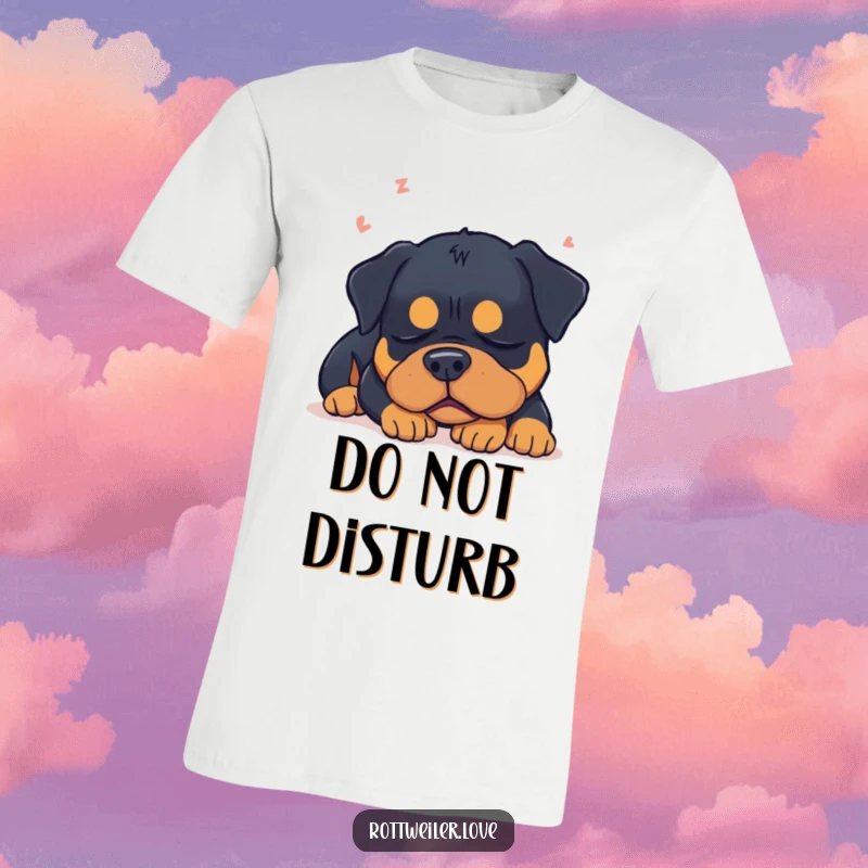Funny, sleepy Rottweiler dog dreams with closed eyes, radiating peaceful slumber humor on this t-shirt.
